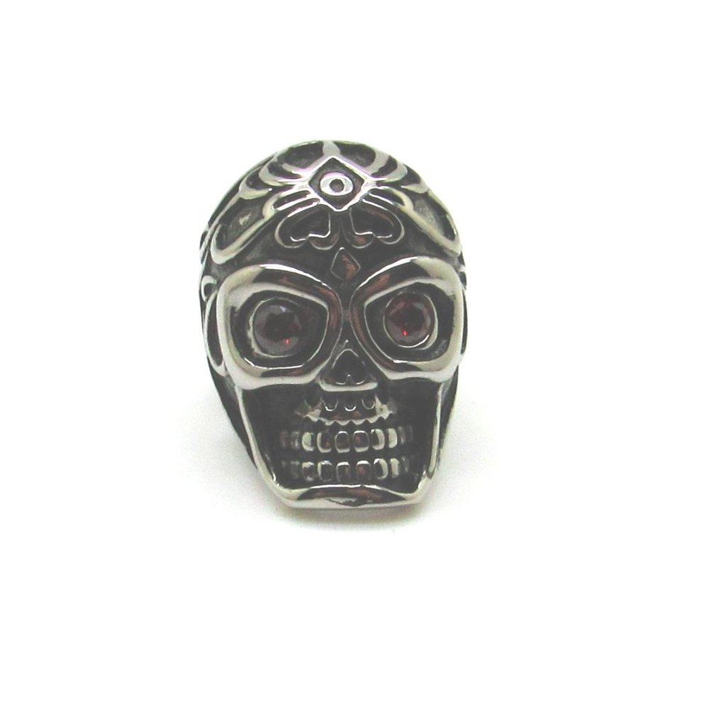 Large stainless steel skull ring with red  eyes